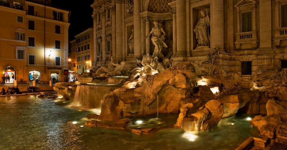 trevi fountain night tourists enjoying gelato