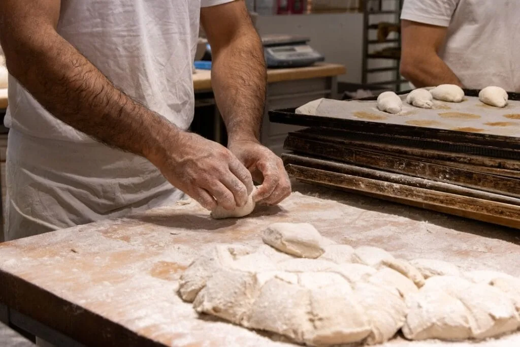 Boulanger dans une boulangerie de Rome pétrissant des pâtons