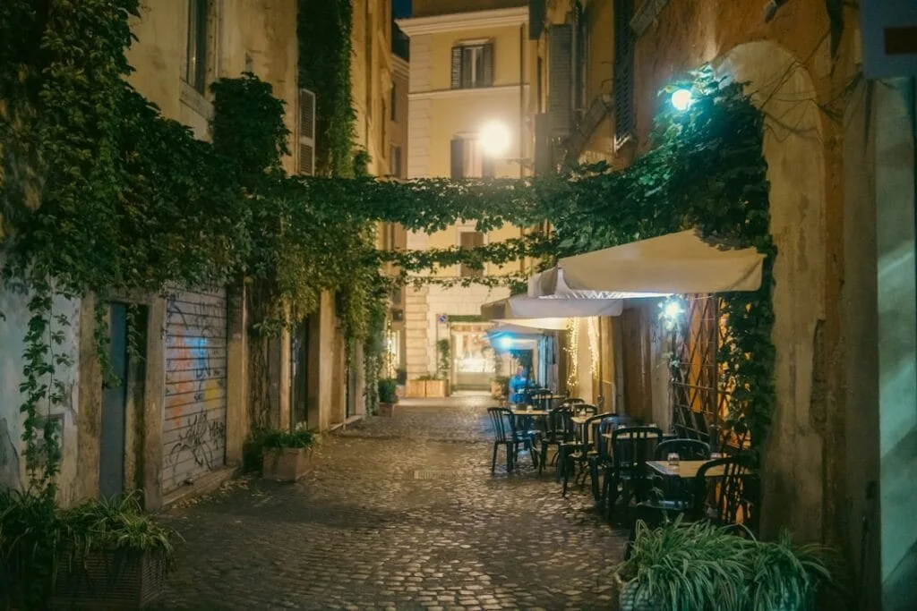 Trastevere narrow street evening lights