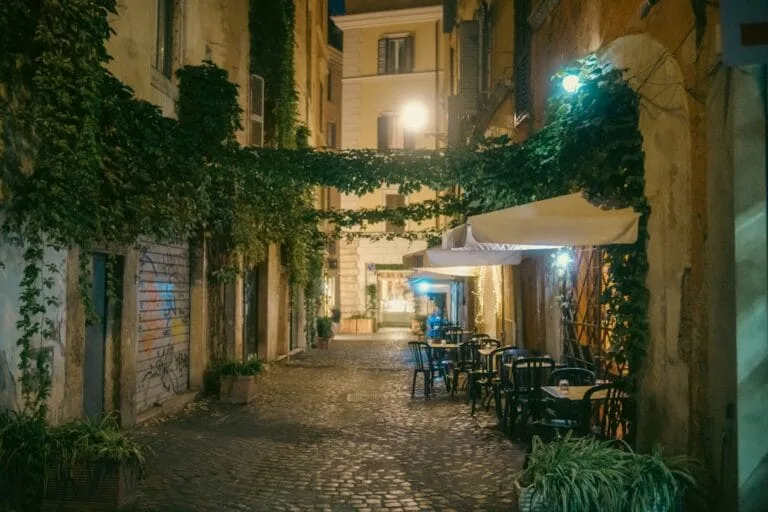 Trastevere narrow street evening lights
