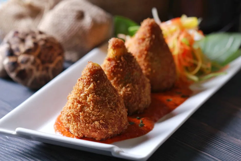 trois arancini coniques servis sur sauce tomate dans une assiette