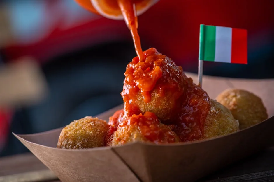 Supplì croustillants nappés de sauce tomate, petit drapeau italien, à Rome