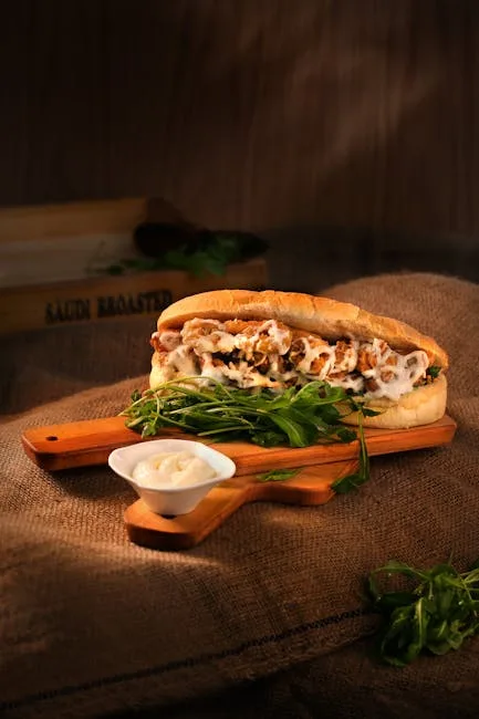 Sandwich porchetta servi sur planche en bois, roquette et sauce