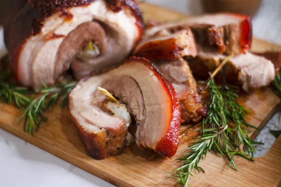 Porchetta rôtie tranchée présentée sur planche rustique à Rome