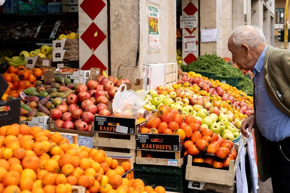 Homme âgé inspectant étal de fruits colorés sur marché romain.