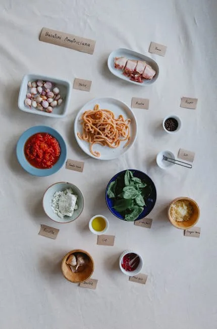 Ingrédients de l'amatriciana disposés avec étiquettes sur la table