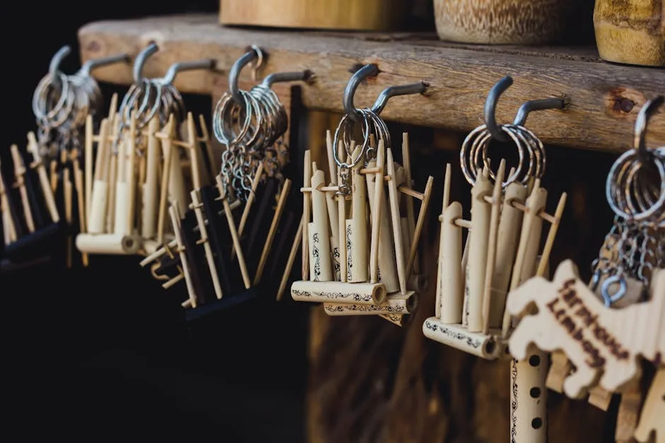 Porte-clés en bois sculpté suspendus dans une boutique de souvenirs à Rome