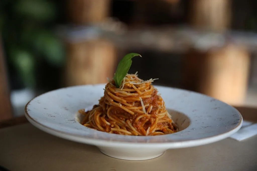 Monticule de spaghetti à la sauce rouge garni d'une feuille de basilic.