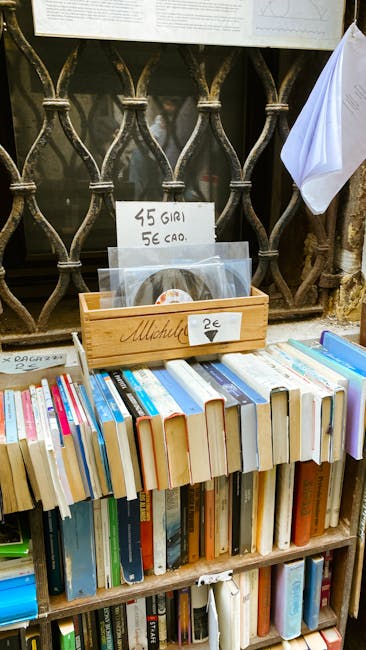 Close-up of vintage vinyl records at market