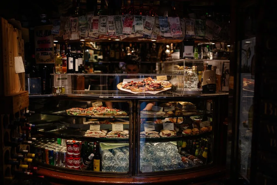 Vitrine sombre d'une épicerie-pizzeria avec boissons et pizzas exposées