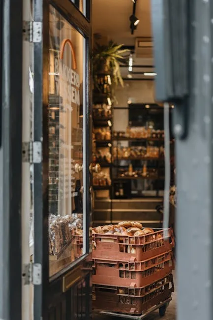 Boulangerie romaine avec caisses de viennoiseries visibles à l'entrée