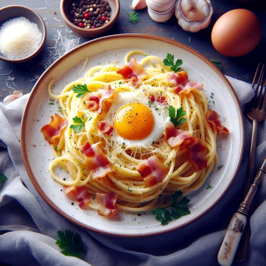 Assiette de spaghetti carbonara avec jaune d'œuf au centre, pancetta