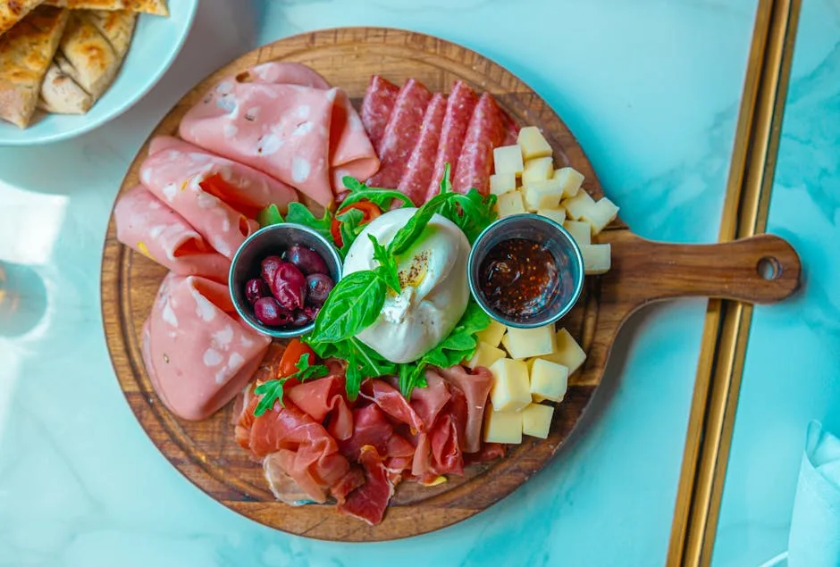 Planche d'antipasti avec burrata, charcuteries et fromages, servie à Rome